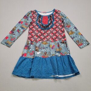 Girls Jelly the Pug Chloe Ruffle Dress, Red/Blue Geometric Floral Pugs Size 12